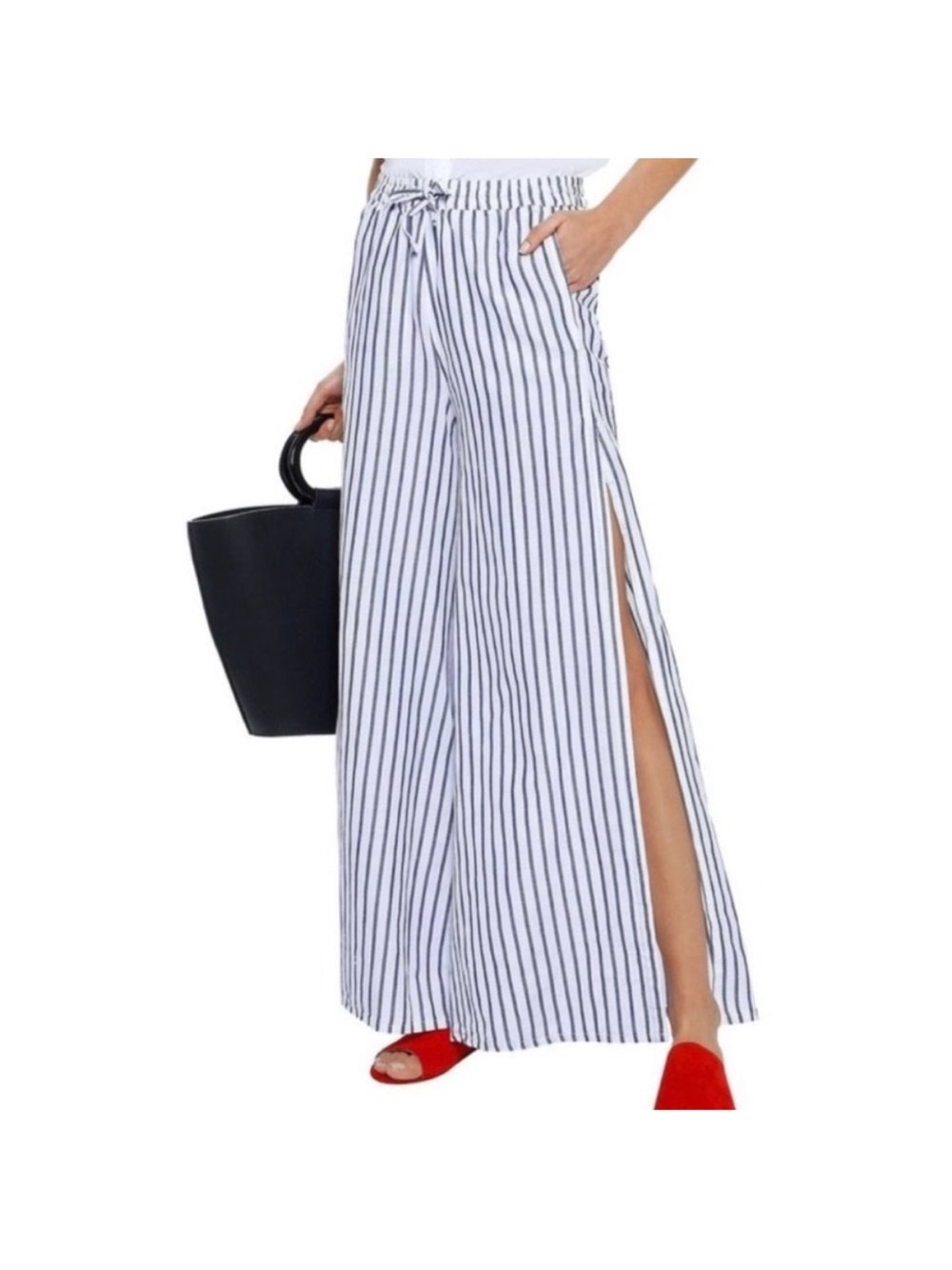 Onia Striped Wide-Leg Split-Front Pants - White/Navy